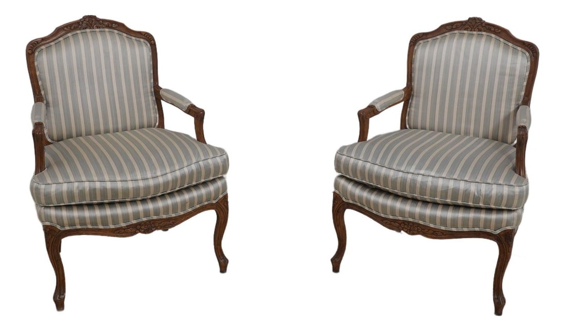 Elegant Pair of Baker French Louis XV Style Bergere Armchairs: Elegant Pair of Baker French Louis XV Style Bergere Armchairs This exquisite pair of Baker French Louis XV Style Bergere Armchairs showcases timeless elegance and superior craftsmanship. With an age o