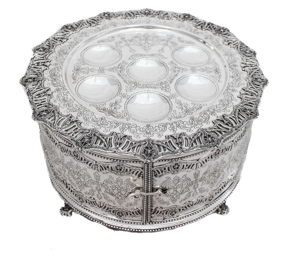 Handcrafted 925 Sterling Silver Passover Seder Plate with Ornate Shelves from Turkey: Handcrafted 925 Sterling Silver Passover Seder Plate with Ornate Shelves from Turkey This finely crafted Passover Seder plate is made from 925 sterling silver and features handmade floral swirl ornate