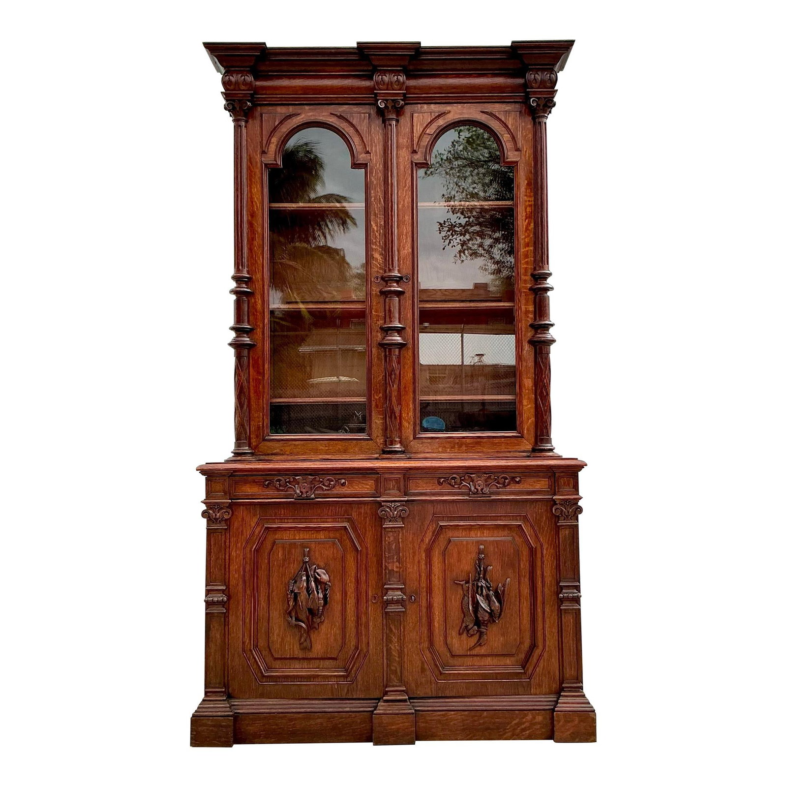 Monumental Vintage Boho Black Forest Carved Cabinet Wood Glass: Monumental Vintage Boho Black Forest Carved Cabinet Wood Glass Discover the timeless elegance of this Vintage Boho Black Forest Monumental Carved Cabinet, a true masterpiece of craftsmanship. This gra