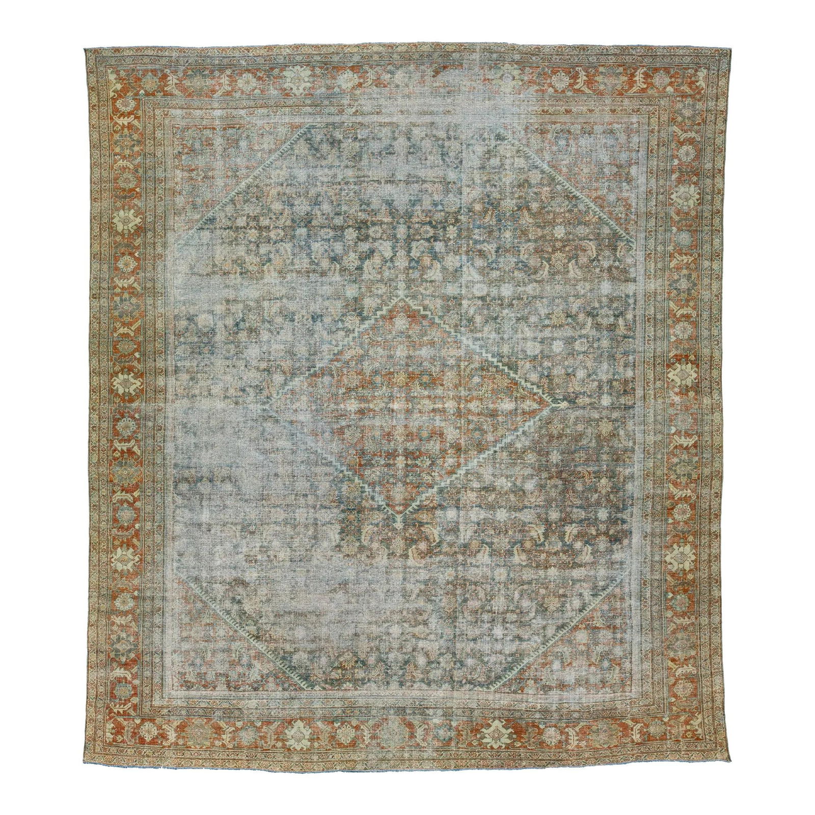 Antique 1910s Persian Mahal Handmade Wool Rug Rust Color 12'3 x 14': Antique 1910s Persian Mahal Handmade Wool Rug Rust Color 12'3 x 14' Discover this exquisite Antique Mahal hand-knotted wool rug, showcasing a stunning rust color field. The intricate floral motif is c