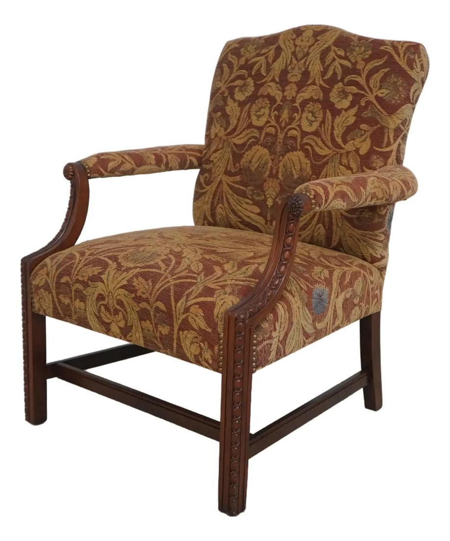 Chippendale Open Arm Library Chair Red Gold Damask Upholstery: Chippendale Open Arm Library Chair Red Gold Damask Upholstery This stunning Chippendale-style open arm library chair features newly upholstered damask print fabric in a rich red and gold color scheme.