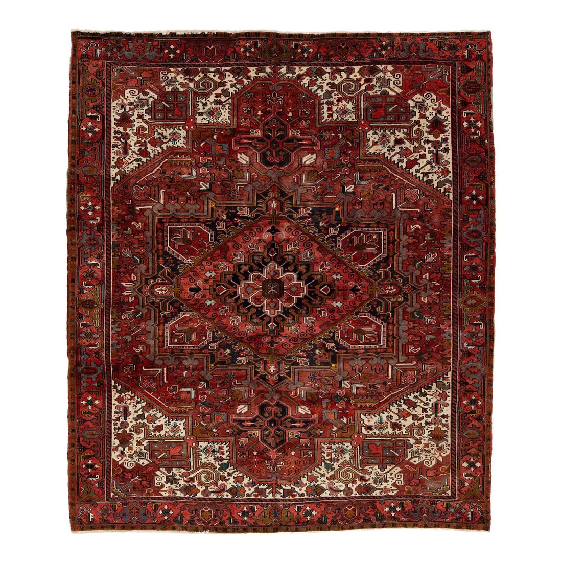Vintage Persian Heriz Wool Rug 11'2 x 13'1 Red 1950s: Vintage Persian Heriz Wool Rug 11'2 x 13'1 Red 1950s This stunning vintage Persian Heriz wool rug from the 1950s showcases an impressive diamond-shaped medallion, beautifully surrounded by angular flo