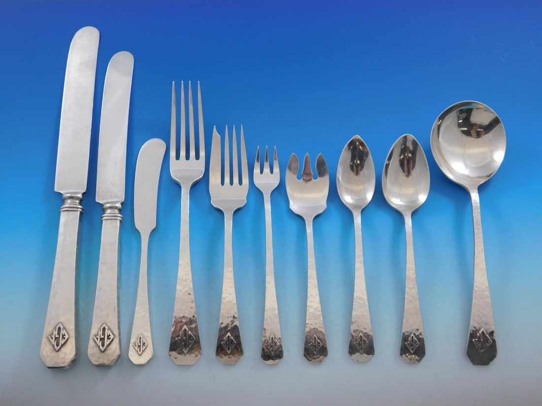 Wallace San Juan Sterling Silver Flatware Set 85 pcs Arts & Crafts in Vintage Chest: Wallace San Juan Sterling Silver Flatware Set 85 pcs Arts & Crafts in Vintage Chest Discover the exquisite San Juan Sterling Silver Flatware Set by Wallace, an elegant collection that beautifully embo