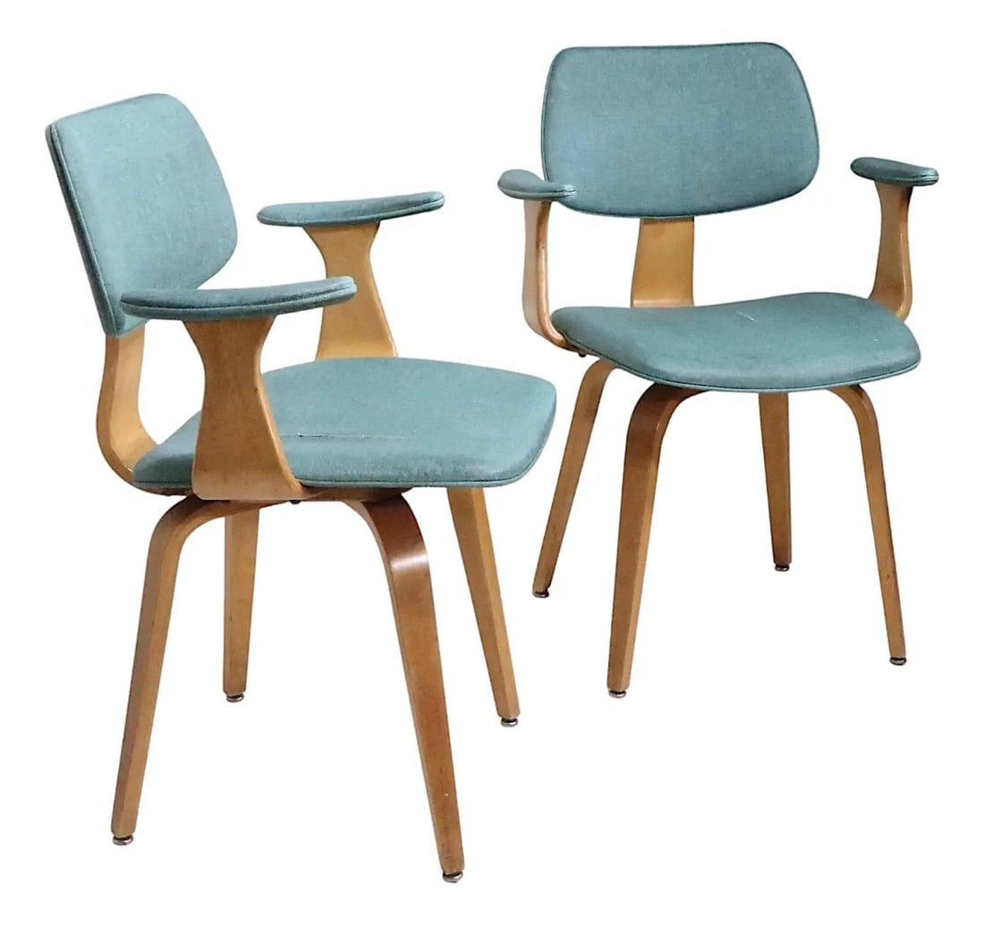Rare Joe Atkinson Mid Century Bentwood Chairs for Thonet Pair: Rare Joe Atkinson Mid Century Bentwood Chairs for Thonet Pair This stunning pair of mid-century bentwood armchairs, designed by Joe Atkinson for Thonet in the 1950s, showcases a beautiful teal color a