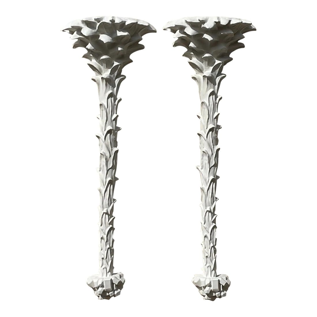 Vintage Plaster Palm Tree Wall Sconces Pair Coastal Decor: Vintage Plaster Palm Tree Wall Sconces Pair Coastal Decor Enhance your home decor with this stunning pair of vintage coastal wall sconces, each uniquely shaped like a sculptural plaster palm tree. The