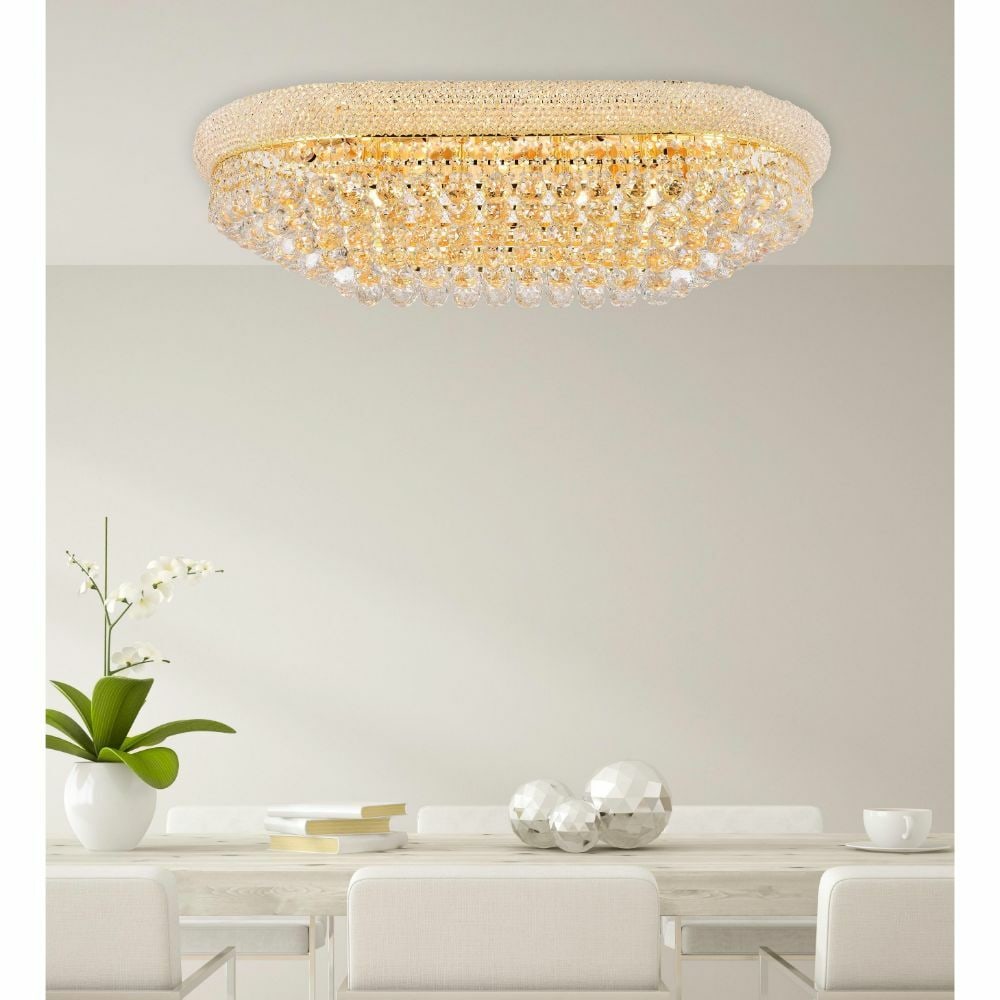 36 Inch Crystal Empire Chandelier Flush Mount Gold Finish With 18 Lights: 36 Inch Crystal Empire Chandelier Flush Mount Gold Finish With 18 Lights This modern flush mount chandelier features a rectangular design with high-quality Royal Cut clear crystals and a gold-plated f