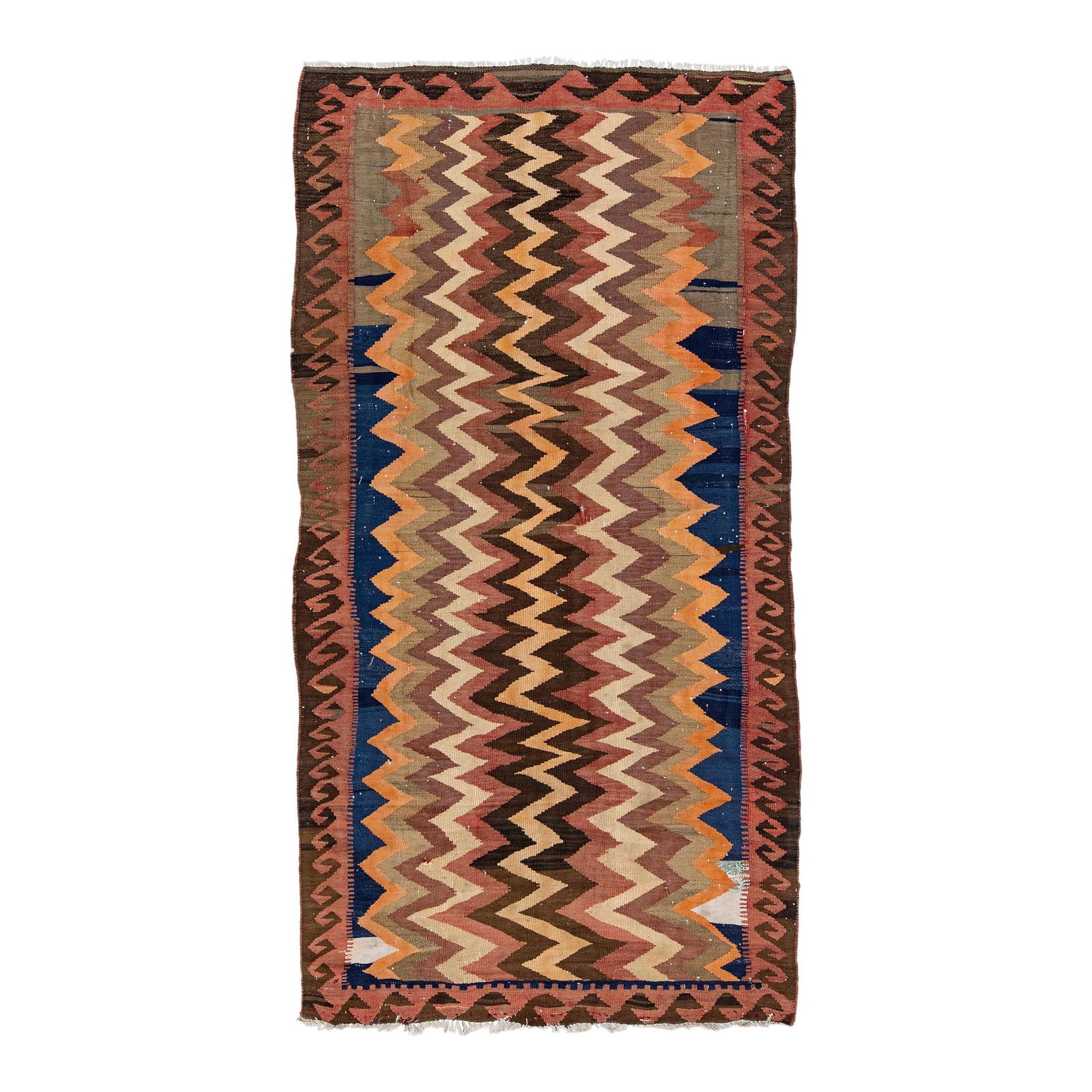 1960s Handmade Multicolor Turkish Kilim Wool Rug 4'3 x 8'3: 1960s Handmade Multicolor Turkish Kilim Wool Rug 4'3 x 8'3 This exquisite vintage Turkish Kilim rug features a beautiful hand-knotted wool construction with a rich brown field and a striking rust fram