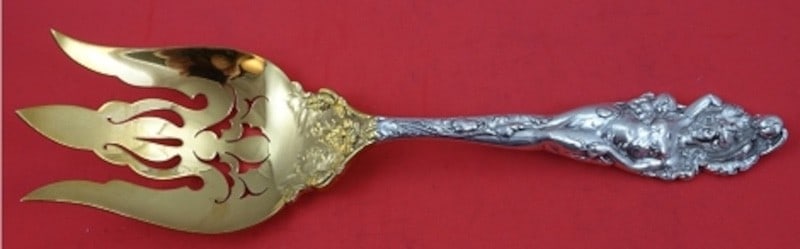 Sterling Silver 11 Inch Salad Serving Fork Love Disarmed Pattern 3 Tine Gold Wash: Sterling Silver 11 Inch Salad Serving Fork Love Disarmed Pattern 3 Tine Gold Wash This Reed & Barton sterling silver salad serving fork features the elegant Love Disarmed pattern in an Art Nouveau sty