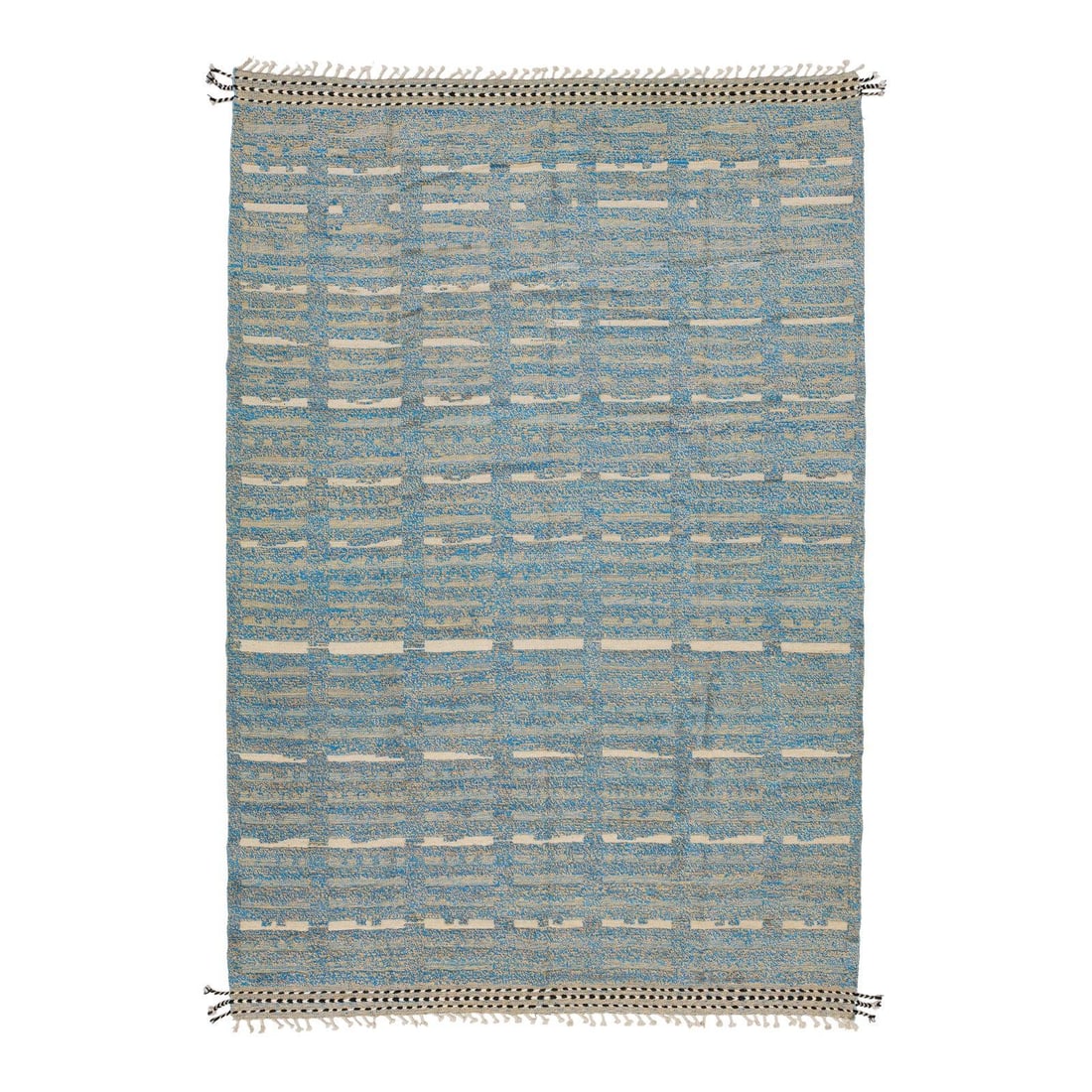 9' x 13'3 Modern Moroccan Wool Rug Blue Geometric Design: 9' x 13'3 Modern Moroccan Wool Rug Blue Geometric Design Enhance your living space with this stunning 9' x 13'3" wool rug, featuring a modern Moroccan design. The rug showcases a sophisticated blend o