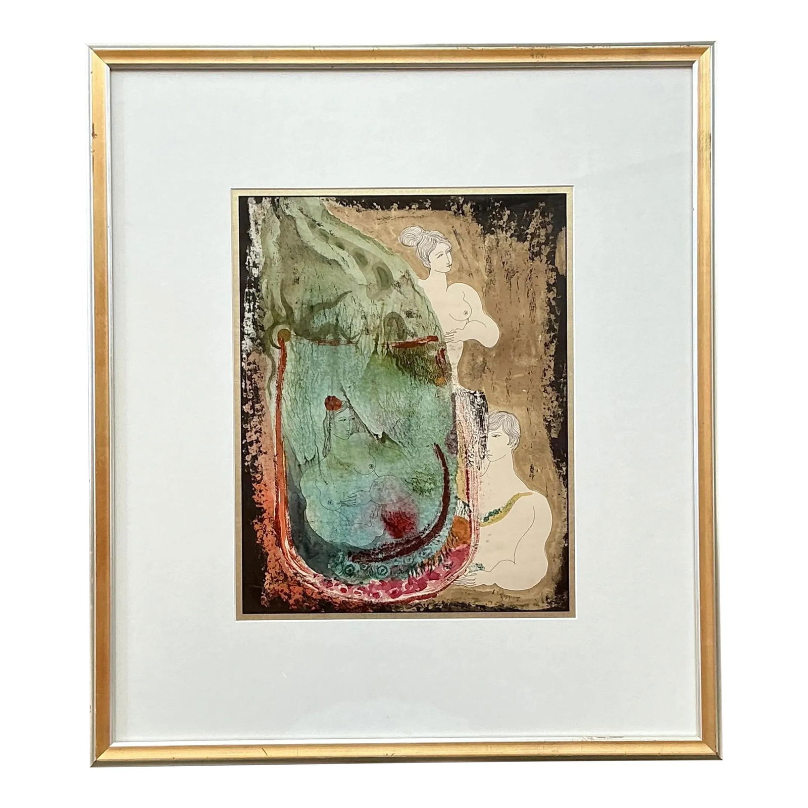 Vintage Boho Abstract Nude Mixed Media Art in Gold Frame: Vintage Boho Abstract Nude Mixed Media Art in Gold Frame Discover this elegant vintage artwork featuring a captivating mixed media composition of abstract nude figures. The piece showcases a vibrant i