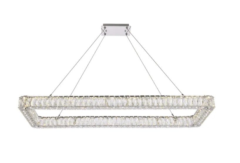 50 Inch Chrome LED Crystal Chandelier by MONROE: 50 Inch Chrome LED Crystal Chandelier by MONROE Illuminate your space with the stunning 50" Crystal Chandelier, a perfect blend of modern elegance and functionality. This chandelier features a sleek c