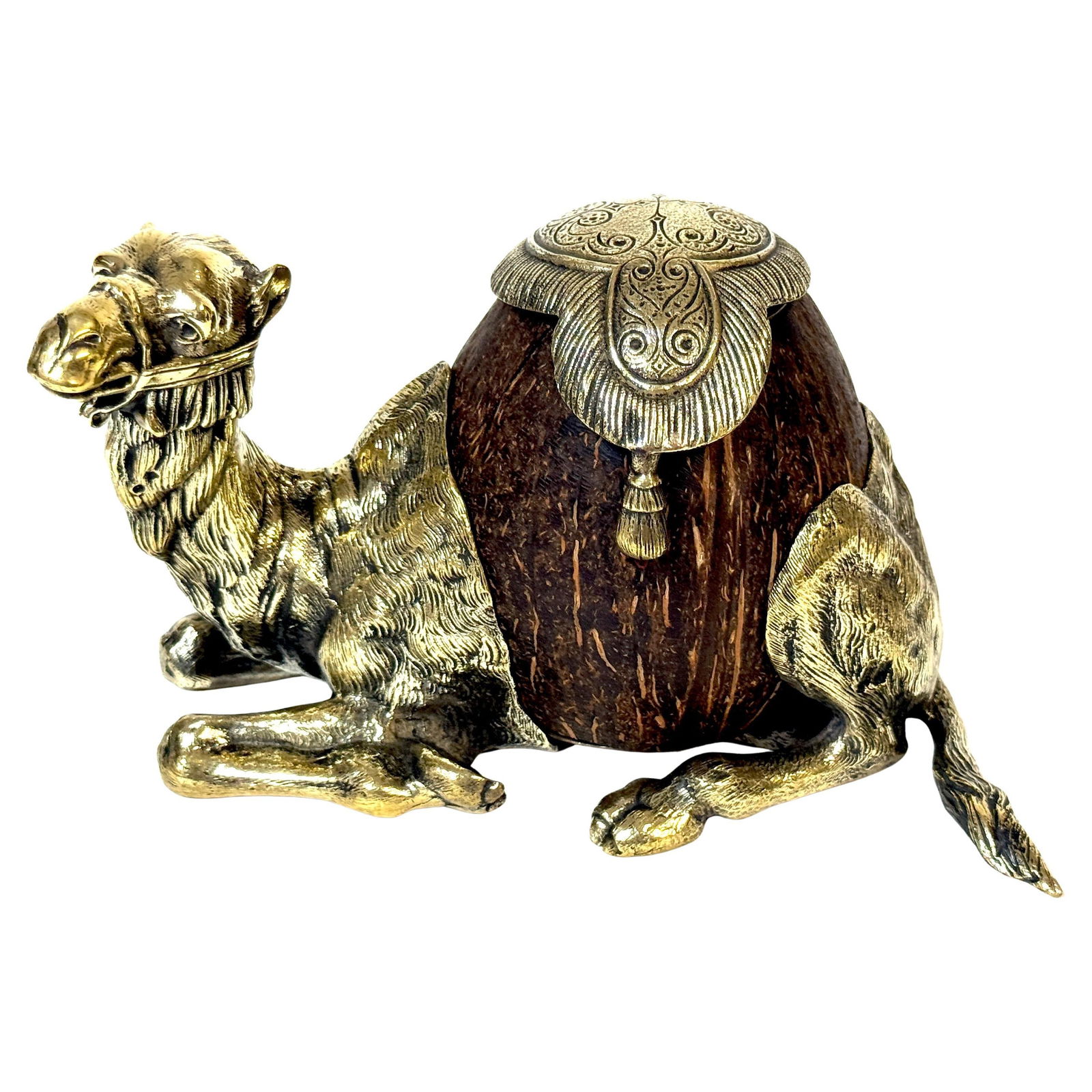 Franz Bergman Style 19th Century Bronze Coconut Camel Inkwell: Franz Bergman Style 19th Century Bronze Coconut Camel Inkwell This exquisite 19th-century Austrian inkwell, crafted in the style of Franz Bergman, features a charming camel sculpted from a polished co