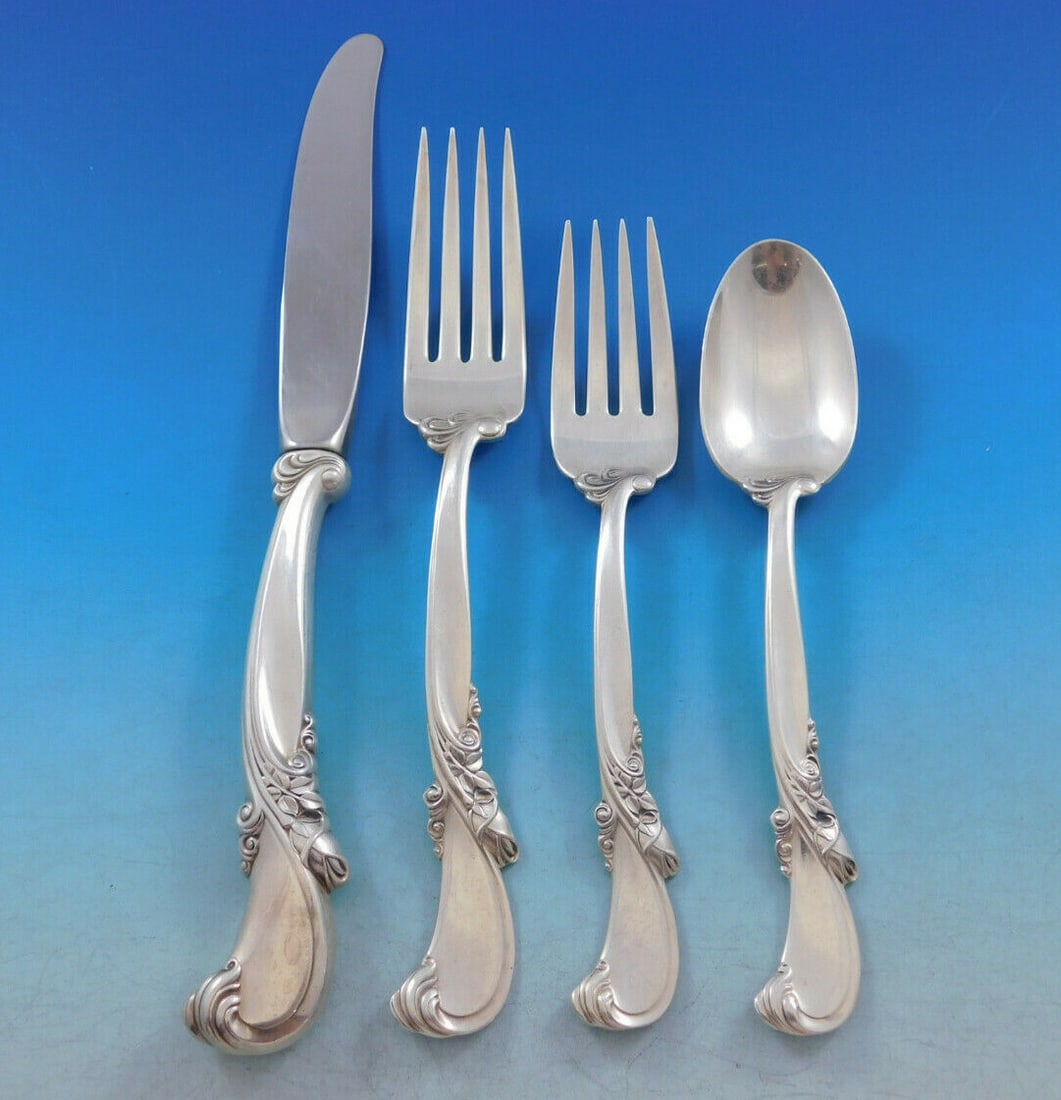 Wallace Waltz of Spring Sterling Silver Flatware Set 48 Pieces for 12 with Storage Chest: Wallace Waltz of Spring Sterling Silver Flatware Set 48 Pieces for 12 with Storage Chest Enhance your dining experience with the exquisite Waltz of Spring Sterling Silver Flatware Set by Wallace. This
