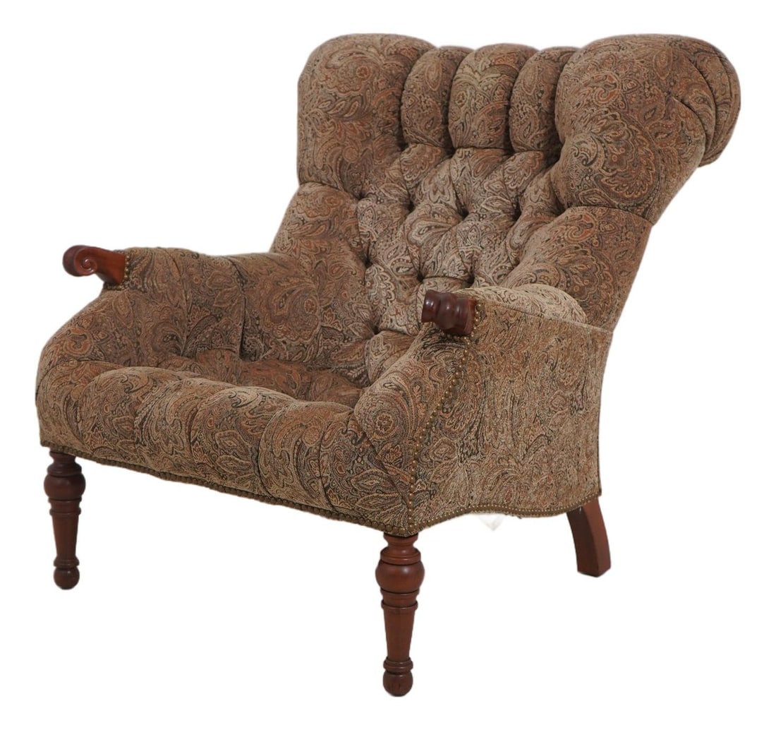 Leopold Collection Cherry Chair with Tufted Upholstery and Turned Legs: Leopold Collection Cherry Chair with Tufted Upholstery and Turned Legs This Stickley Leopold Collection chair features tufted upholstery with a tack head trim, supported by elegantly turned cherry woo