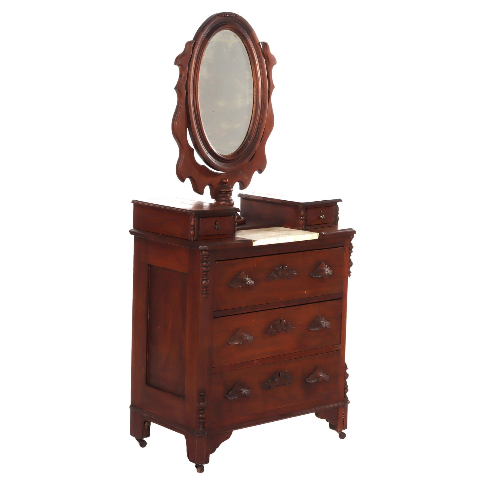 Antique Walnut 5-Drawer Dresser with Marble Top and Mirror c1890: Antique Walnut 5-Drawer Dresser with Marble Top and Mirror c1890 This exquisite antique child's dresser, crafted from walnut and dating back to circa 1890, features a stunning marble top and an elegan
