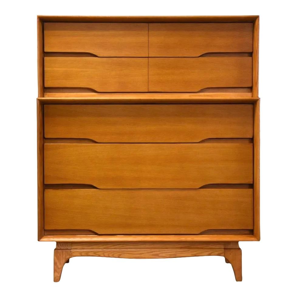 Kent Coffey Forum Mid Century Oak Tall Dresser Brown: Kent Coffey Forum Mid Century Oak Tall Dresser Brown This mid-century modern dresser by Kent Coffey Forum showcases a sleek design with inset pulls, crafted from high-quality oak. Professionally refin