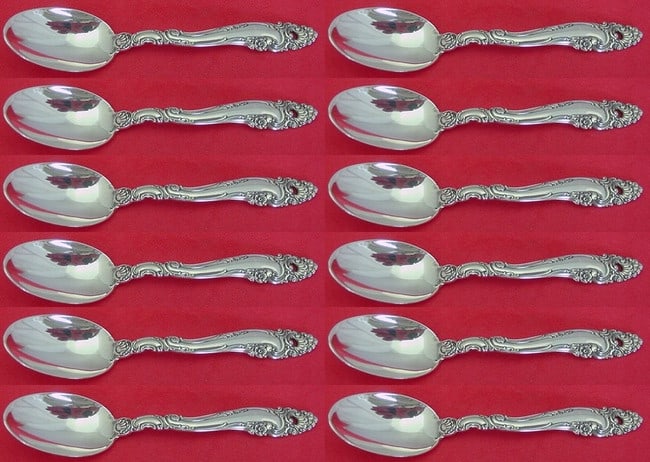 Gorham Decor Sterling Silver 12 Piece Demitasse Spoon Set: Gorham Decor Sterling Silver 12 Piece Demitasse Spoon Set This exquisite 12-piece demitasse spoon set is crafted from high-quality sterling silver by Gorham. The pattern, known as Decor, reflects a ti