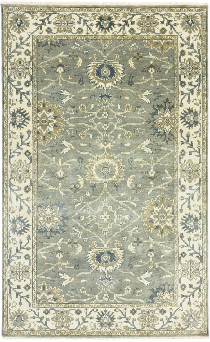 5x8 Wool Floral Area Rug Hand-Knotted Chobi Peshawar Design in Muted Taupe: 5x8 Wool Floral Area Rug Hand-Knotted Chobi Peshawar Design in Muted Taupe This handmade Chobi Peshawar area rug features a muted taupe floral pattern and is crafted from high-quality wool. The hand-k