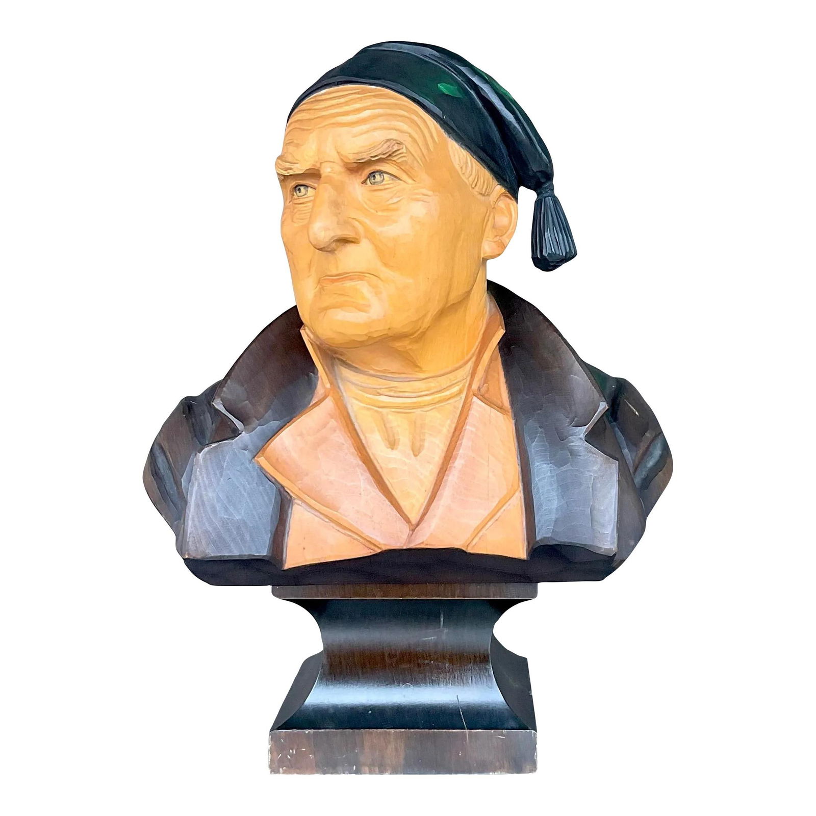 Vintage Boho Wood Bust of Man American Craftsmanship 14.5 in: Vintage Boho Wood Bust of Man American Craftsmanship 14.5 in This Vintage Boho Carved Wood Bust of a Man showcases the artistry of American craftsmanship with its intricate details and timeless design