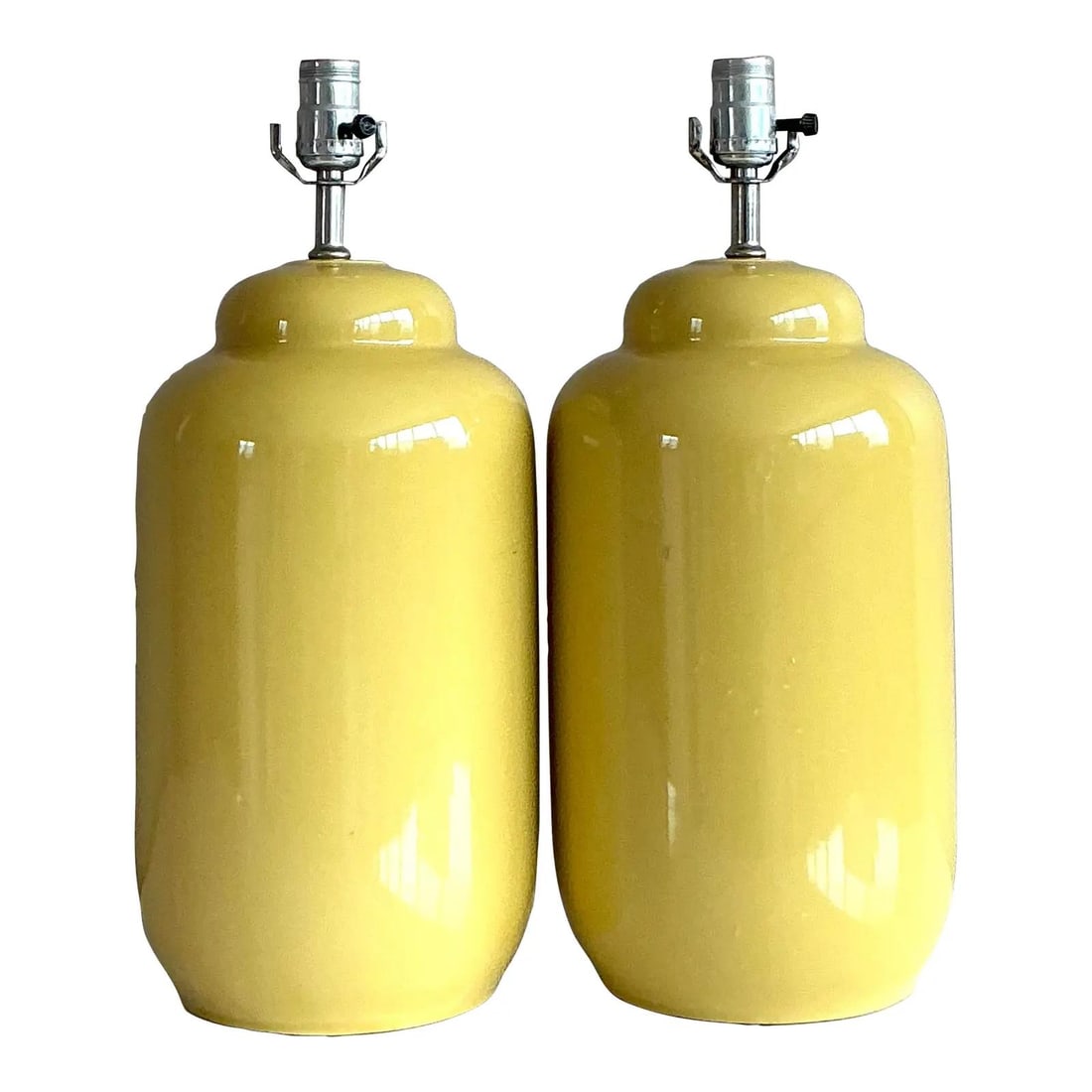 Pair of Vintage Yellow Glazed Ceramic Ginger Jar Lamps: Pair of Vintage Yellow Glazed Ceramic Ginger Jar Lamps Brighten your space with this charming pair of vintage ceramic lamps, designed in a classic ginger jar silhouette. Finished in a cheerful high-gl