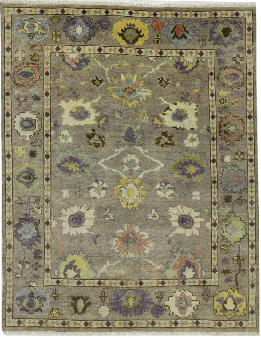 Muted Pastel Wool Floral Oushak Hand-Knotted Rug 7'10 x 9'11 India: Muted Pastel Wool Floral Oushak Hand-Knotted Rug 7'10 x 9'11 India This handmade Oushak rug features a muted floral pattern in pastel shades including brown, cream, violet, green, and blue. Expertly h