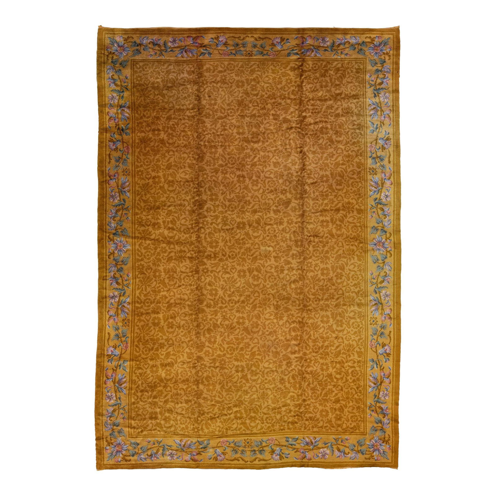 Antique Savonnerie Hand-Knotted Wool Rug 12' x 17'6'' Goldenrod Floral: Antique Savonnerie Hand-Knotted Wool Rug 12' x 17'6'' Goldenrod Floral Discover the elegance of this antique Savonnerie hand-knotted wool rug, featuring a stunning goldenrod field. The rug showcases a
