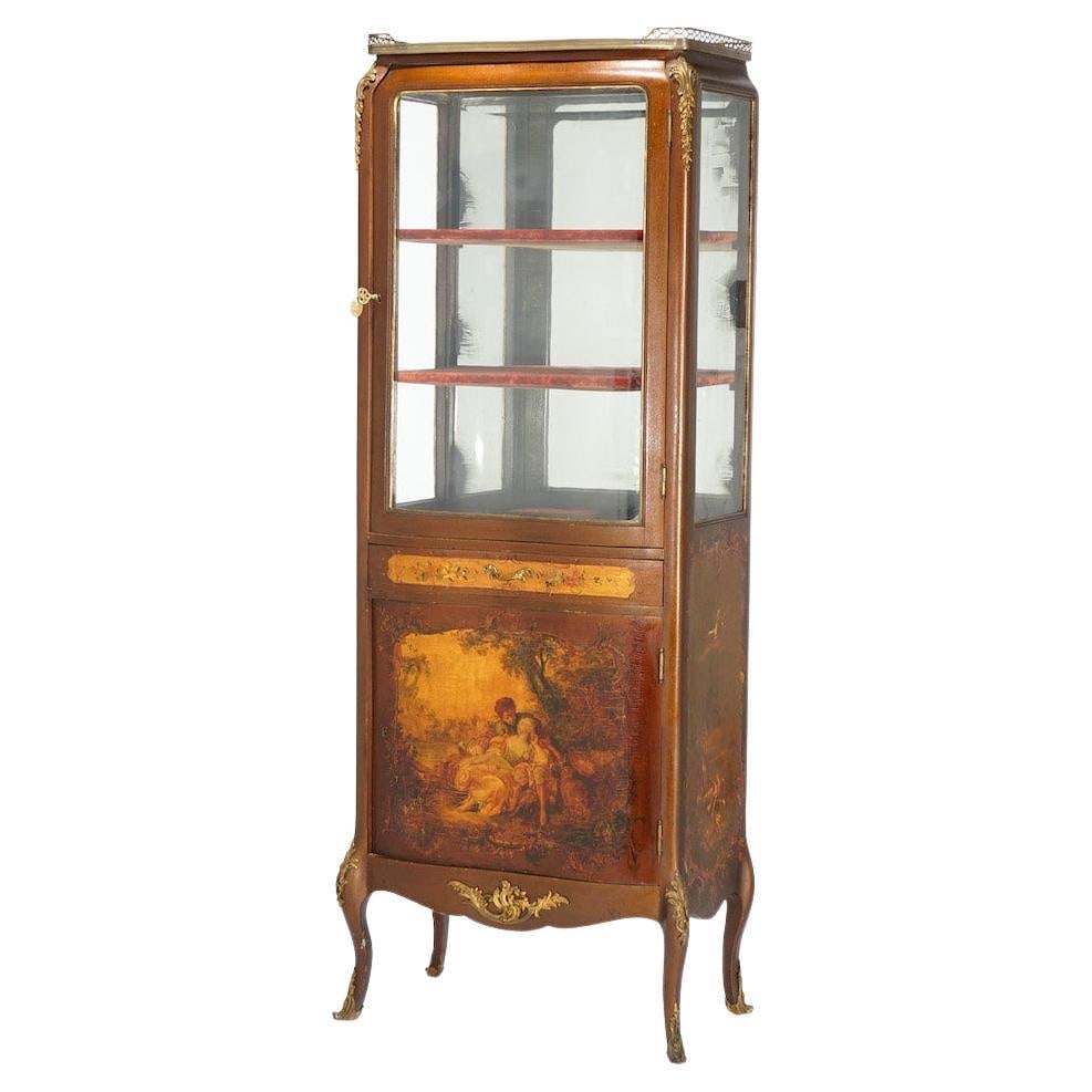Antique French Vernis Martin Mahogany Vitrine Circa 1890 with Ormolu Accents: Antique French Vernis Martin Mahogany Vitrine Circa 1890 with Ormolu Accents This exquisite antique French Vernis Martin decorated vitrine, dating back to circa 1890, showcases a stunning mahogany con