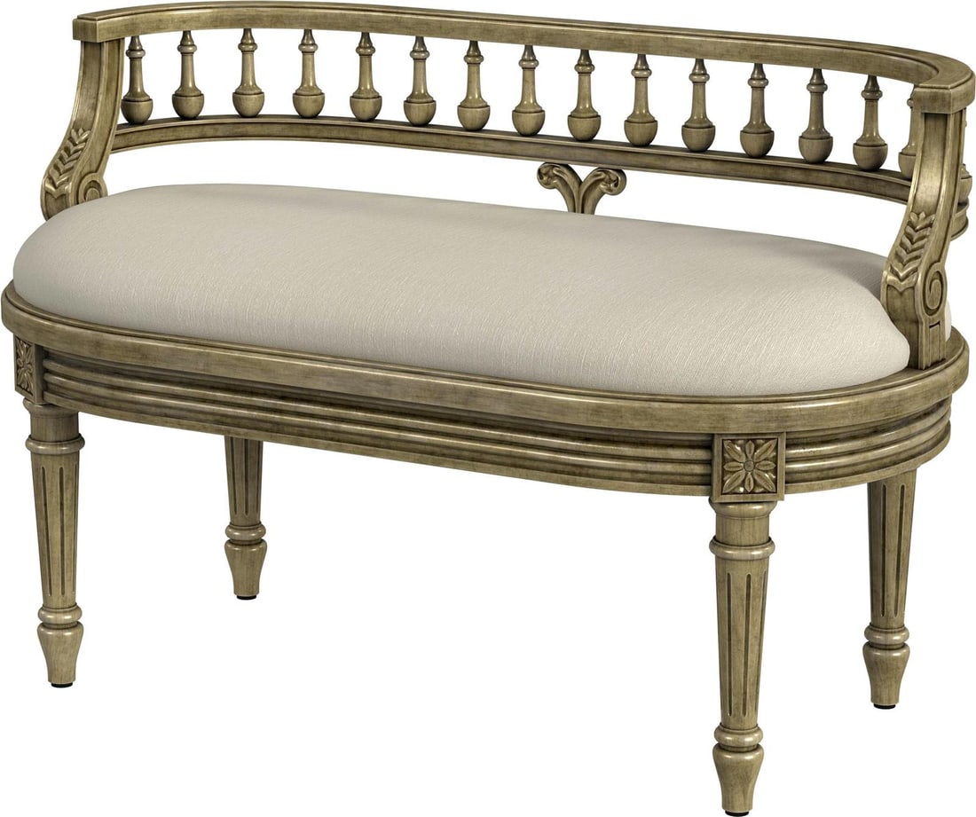 Butler Elegant Beige Oval Bench 37W 19D: Butler Elegant Beige Oval Bench 37W 19D Introducing an Elegant Traditional Beige Oval Bench, designed in a charming antique or vintage style. This exquisite piece features a warm antique beige finish,