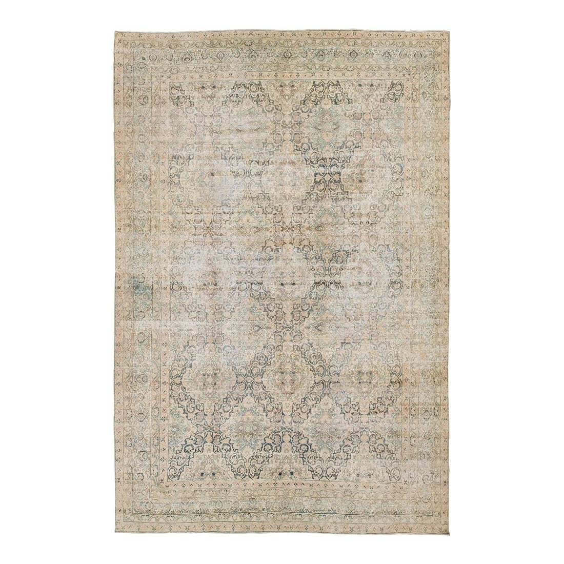 11'5 x 17'2 Persian Kerman Wool Carpet With Beige and Floral Medallion Motifs: 11'5 x 17'2 Persian Kerman Wool Carpet With Beige and Floral Medallion Motifs This authentic antique Kerman rug features a refined medallion layout with intricate floral motifs in muted beige, blue, a