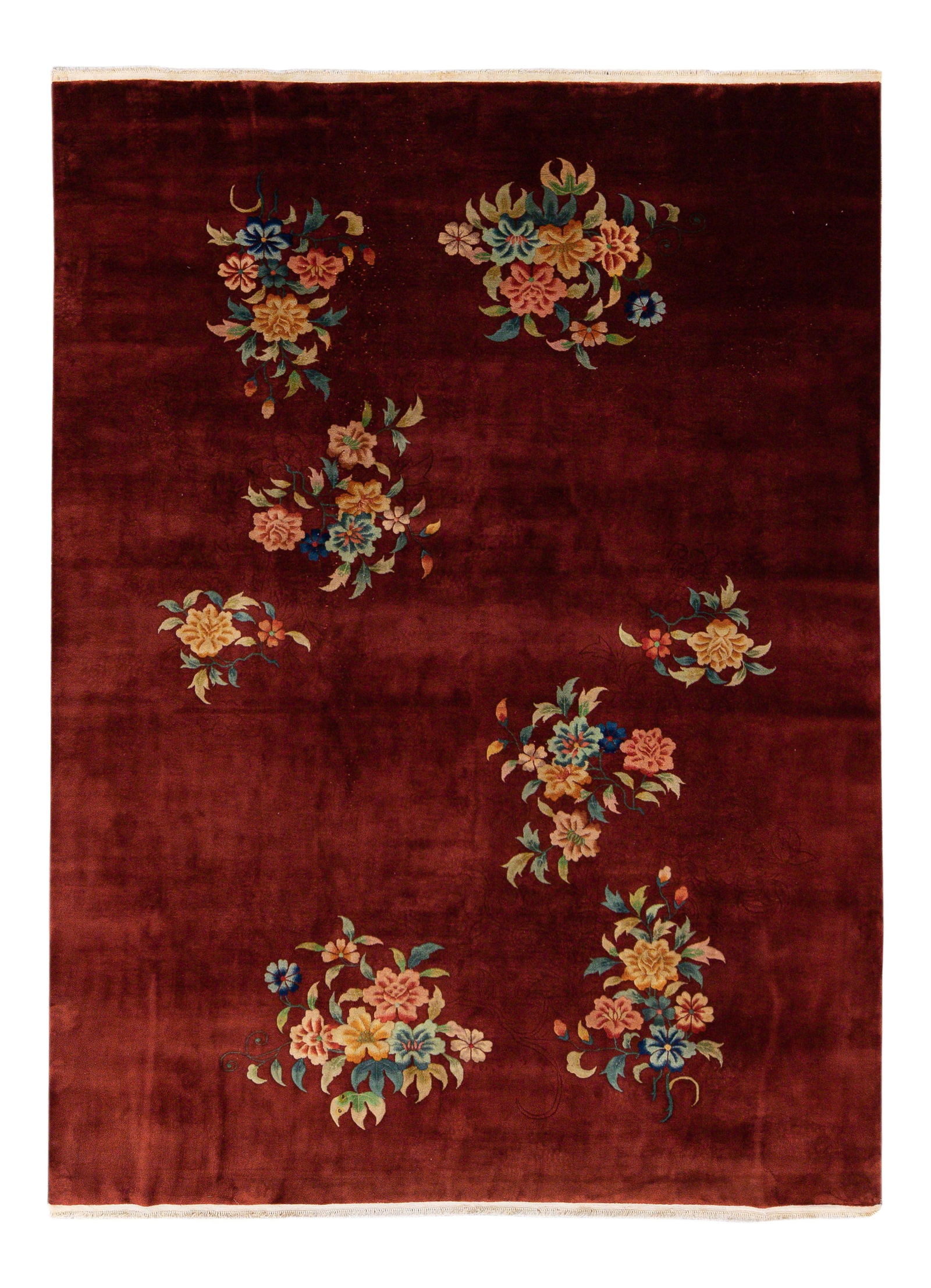 Antique Chinese Art Deco Hand-Knotted Red Wool Rug 9'11 x 13'7: Antique Chinese Art Deco Hand-Knotted Red Wool Rug 9'11 x 13'7 This stunning antique Chinese Art Deco rug showcases exquisite craftsmanship with its hand-knotted wool construction. The vibrant red fie