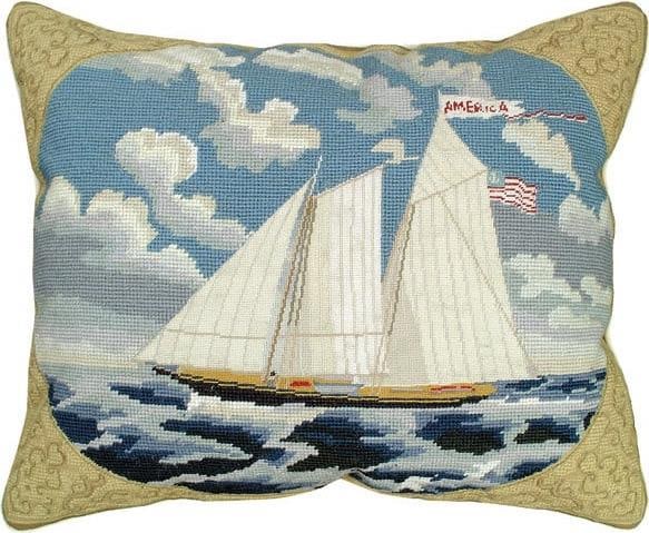 Nautical Throw Pillow Beige Blue Ship 16x20 Wool Cotton Velvet: Nautical Throw Pillow Beige Blue Ship 16x20 Wool Cotton Velvet Introducing a throw pillow that embodies nautical elegance with its unique Williamsburg design. This stunning pillow features a beautiful