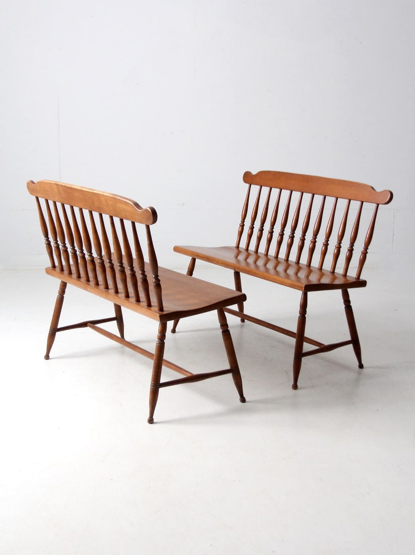 Set of Two Maple Colonial Revival Benches from Maplelux by Sprague & Carleton: Set of Two Maple Colonial Revival Benches from Maplelux by Sprague & Carleton This pair of mid-century Colonial Revival benches from the Maplelux line by Sprague & Carleton features warm maple wood co