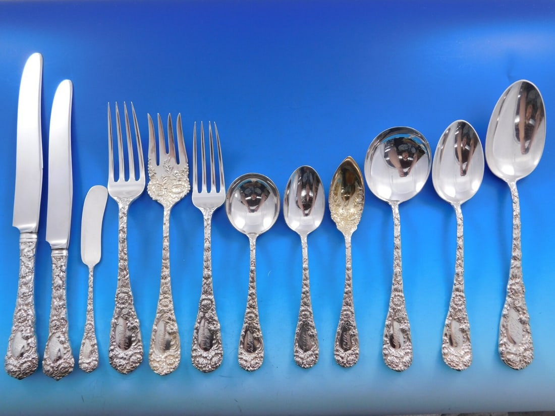 Durgin Chrysanthemum Sterling Silver Flatware Set for 12 - 154 Pieces with Chest: Durgin Chrysanthemum Sterling Silver Flatware Set for 12 - 154 Pieces with Chest This exquisite Chrysanthemum flatware set by Durgin is composed of 154 pieces, perfect for serving up to 12 guests. Cra
