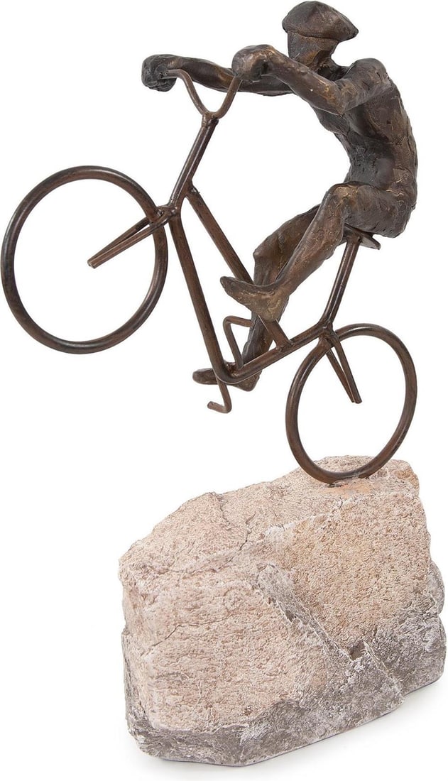 Howard Elliott Contemporary Cyclist Sculpture in Textured Bronze Finish: Howard Elliott Contemporary Cyclist Sculpture in Textured Bronze Finish This contemporary sculpture captures the poised elegance of a cyclist in motion, crafted from durable polyresin and featuring a