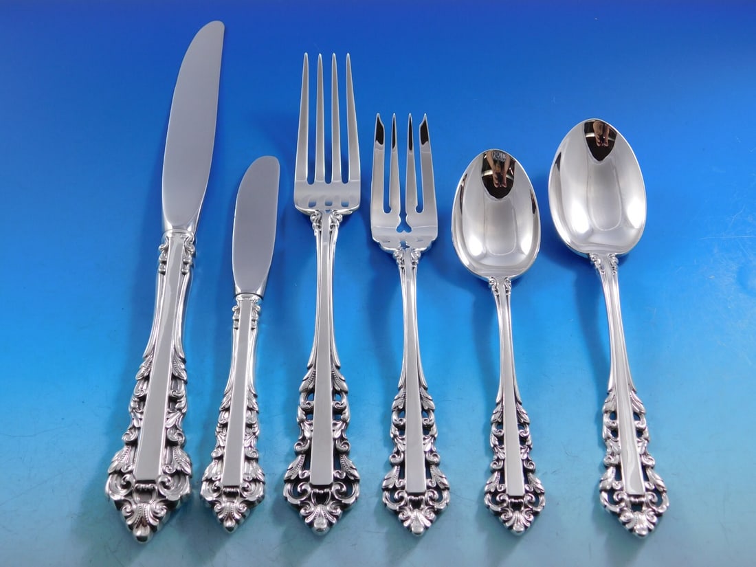 Gorham Medici New Sterling Silver Flatware Set 72 Pieces with Storage Chest: Gorham Medici New Sterling Silver Flatware Set 72 Pieces with Storage Chest This exquisite Medici New flatware set by Gorham features stunning sterling silver craftsmanship, showcasing a beautiful pat