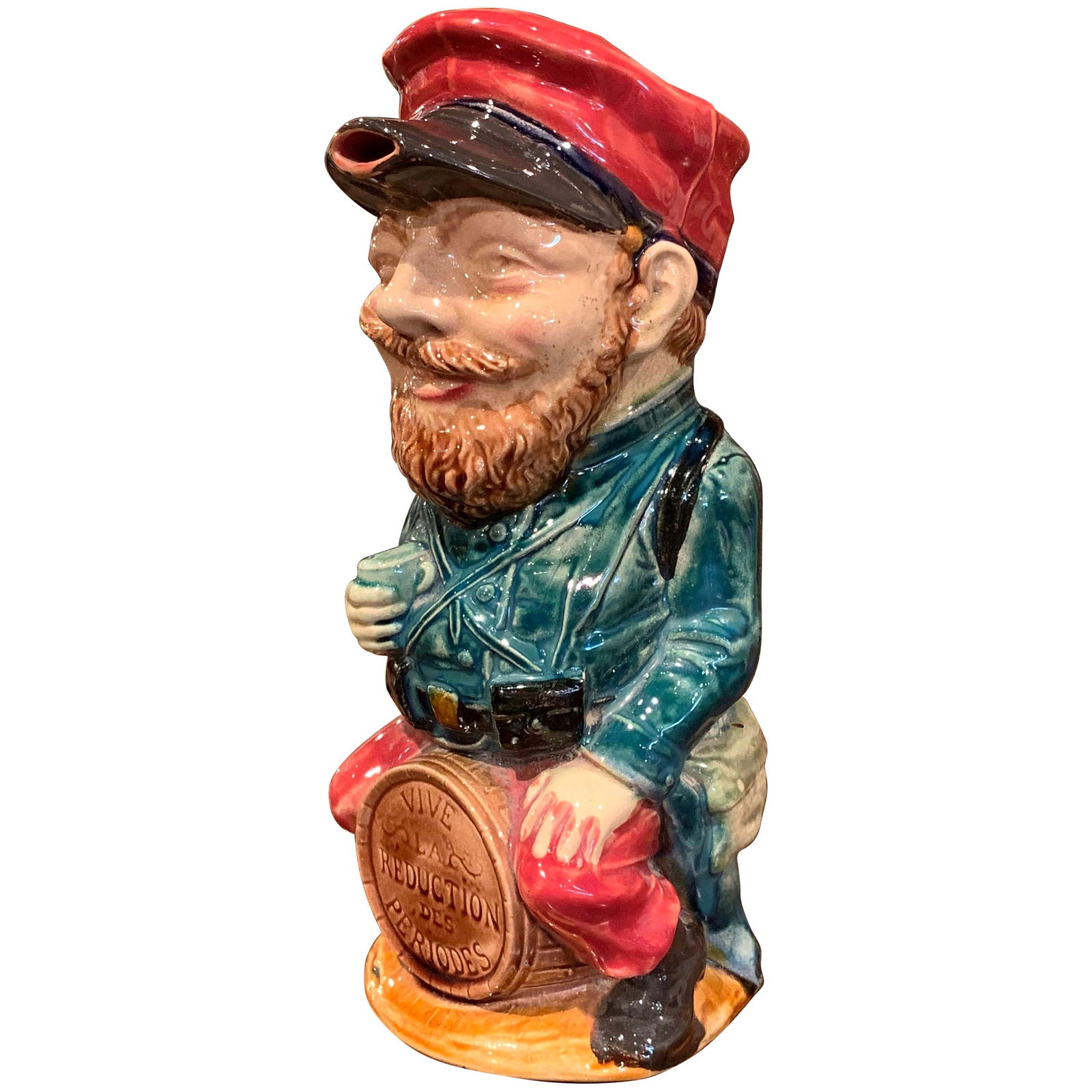 Antique 19th Century Onnaing Hand Painted Ceramic Soldier Pitcher: Antique 19th Century Onnaing Hand Painted Ceramic Soldier Pitcher This stunning 19th Century French Hand Painted Ceramic Barbotine Soldier Pitcher, crafted by Onnaing, showcases exquisite artistry fro