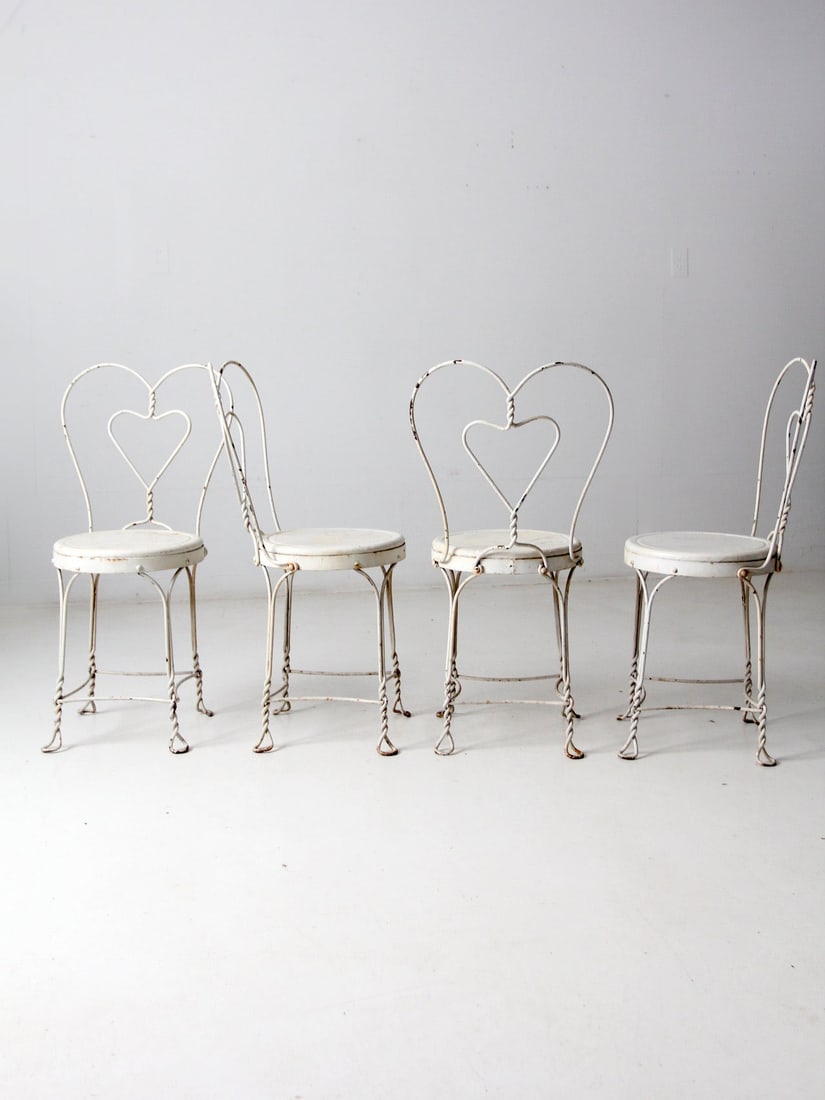 Set of 4 Vintage Whitewash Ice Cream Parlor Chairs: Set of 4 Vintage Whitewash Ice Cream Parlor Chairs This set of four vintage ice cream parlor chairs offers a delightful touch to any space. Featuring their original beautifully mottled whitewash paint