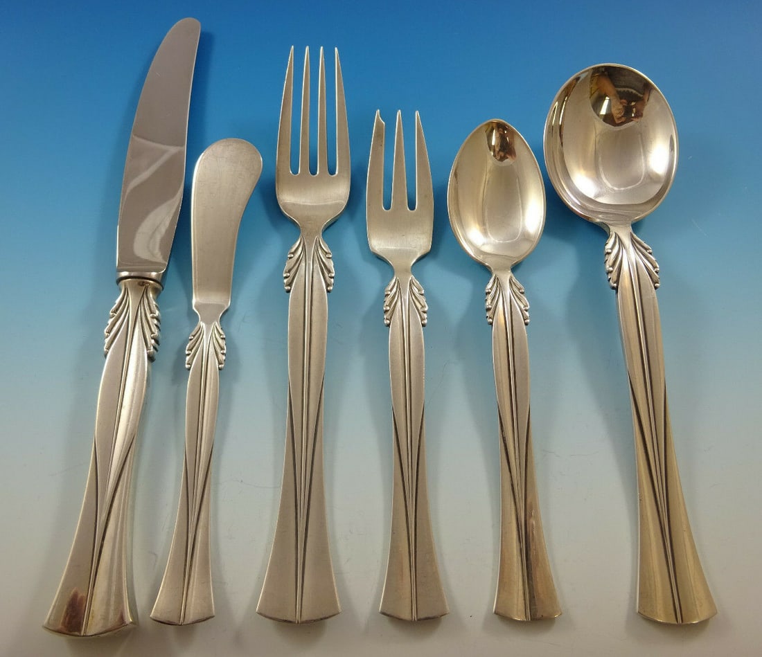 Frigast Queen Christina Sterling Silver Flatware Set 79 Pcs Mid-Century Modern: Frigast Queen Christina Sterling Silver Flatware Set 79 Pcs Mid-Century Modern Experience the elegance of mid-century Scandinavian design with the Frigast "Queen Christina" sterling silver flatware se