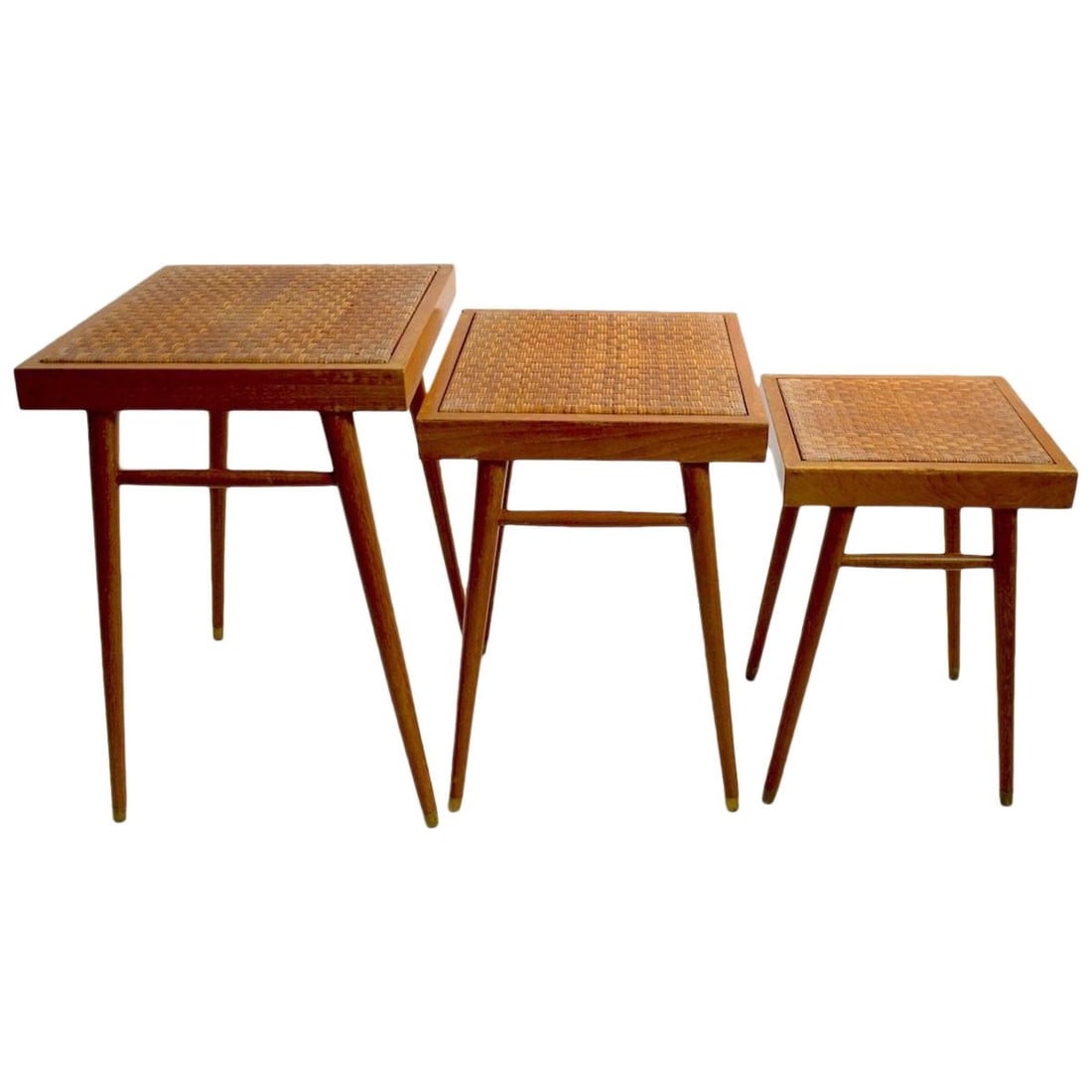 Mid Century Cerused Oak Nesting Tables Set of 3: Mid Century Cerused Oak Nesting Tables Set of 3 Elevate your living space with this stylish Mid Century nesting table set, crafted from cerused oak with woven grass mat tops. This set includes three t