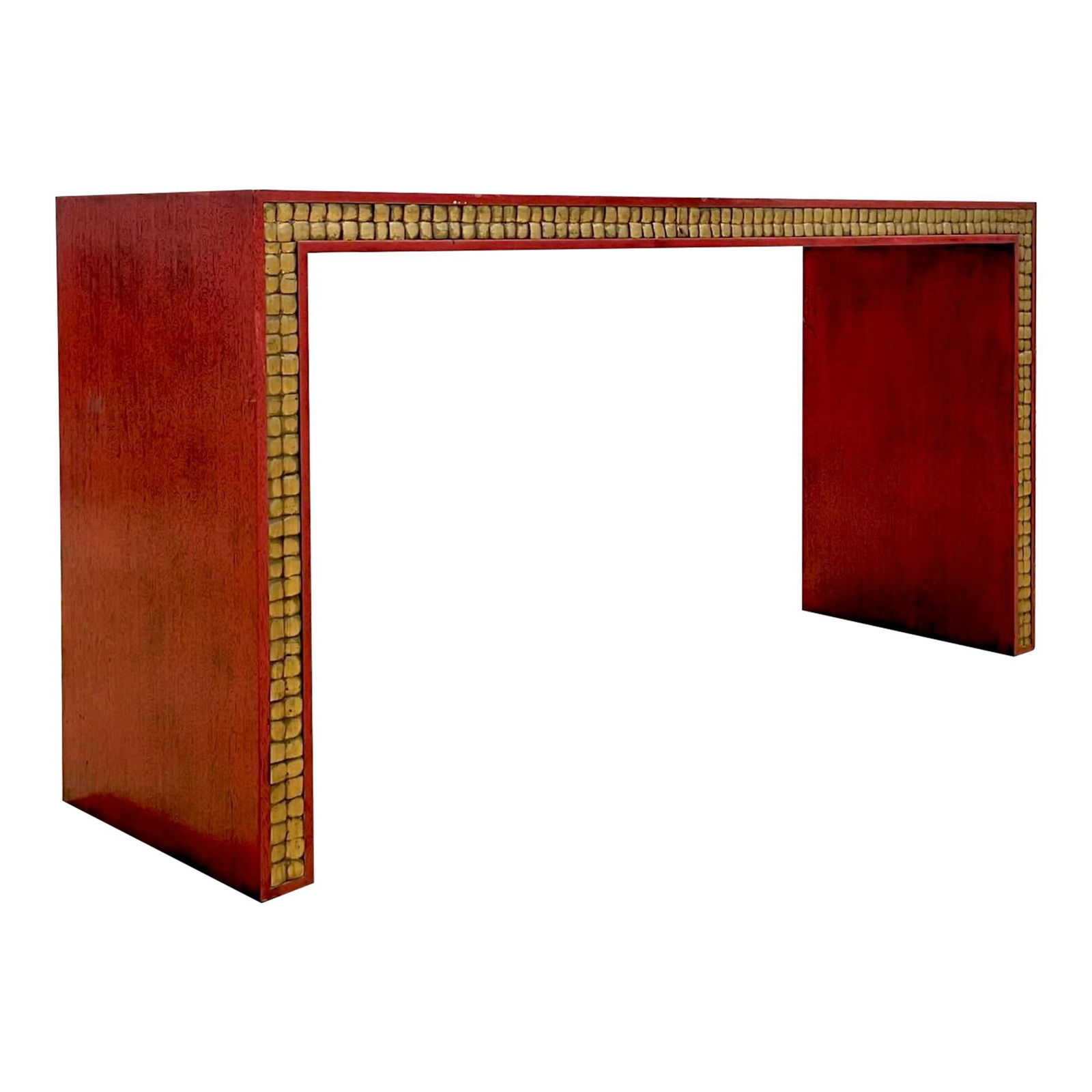 Vintage Boho Red Lacquer Console Table with Gilt Accents: Vintage Boho Red Lacquer Console Table with Gilt Accents Enhance your home decor with this Vintage Boho Gilt Tipped Red Lacquered Console Table. This stunning piece showcases a vibrant red lacquer fin