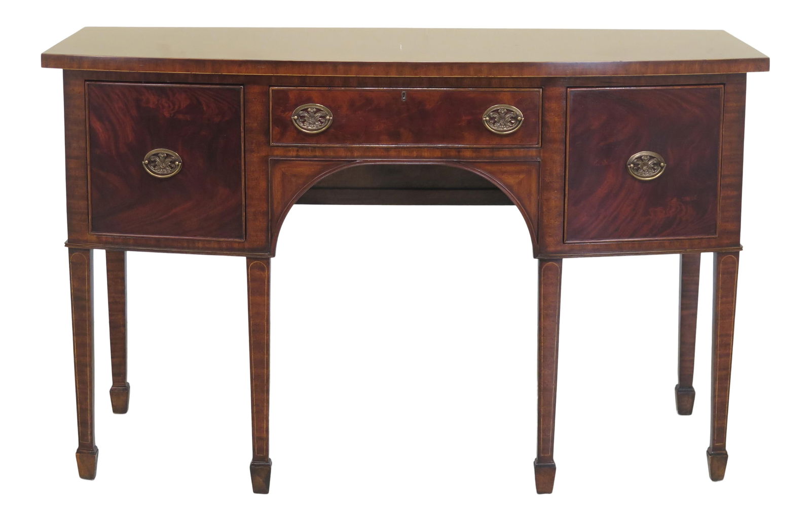 1990s Maitland Smith Federal Mahogany Bowfront Sideboard with Brass Hardware: 1990s Maitland Smith Federal Mahogany Bowfront Sideboard with Brass Hardware This exquisite 1990s Vintage Maitland Smith Bowfront Federal Mahogany Sideboard showcases quality craftsmanship and timeles