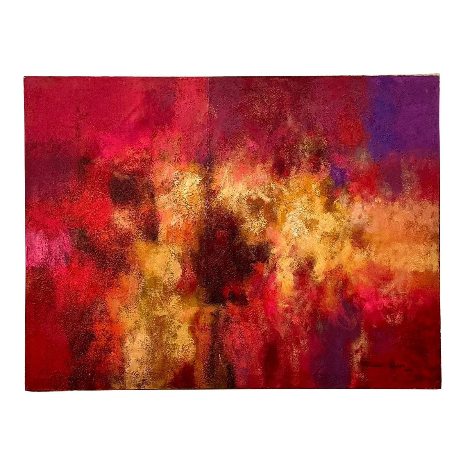 Vibrant Vintage Abstract Oil Painting on Canvas Red Gold Purple: Vibrant Vintage Abstract Oil Painting on Canvas Red Gold Purple This captivating vintage abstract oil painting on canvas is a vibrant addition to any space, showcasing a stunning palette of rich tones