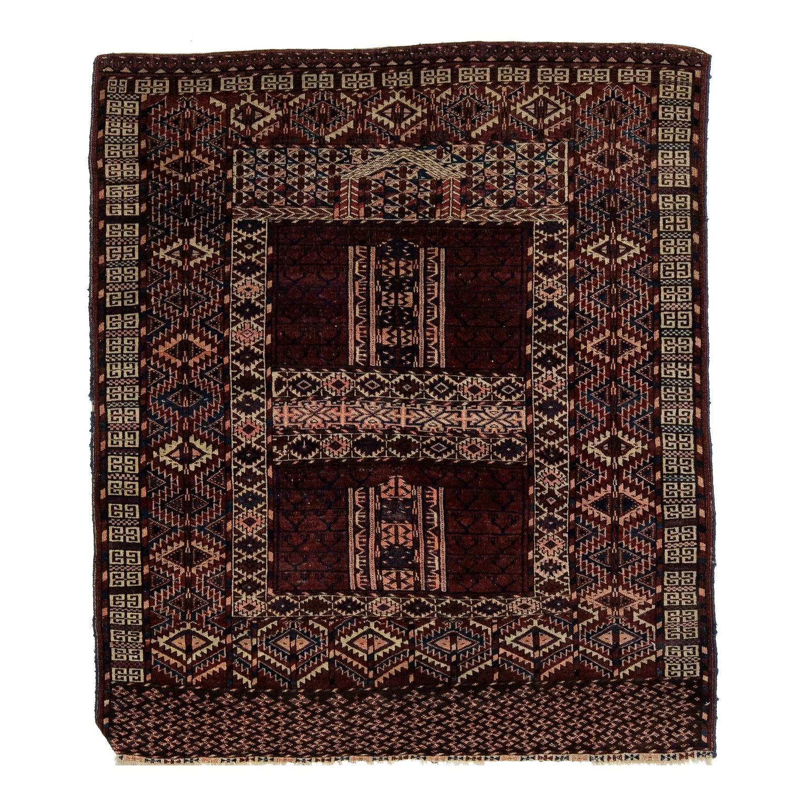 Antique Afghan Yamoud Wool Rug Burgundy Geometric Design 3'11 x 4'6: Antique Afghan Yamoud Wool Rug Burgundy Geometric Design 3'11 x 4'6 This exquisite antique Afghan Yamoud rug showcases a rich burgundy color complemented by a stunning geometric design featuring navy