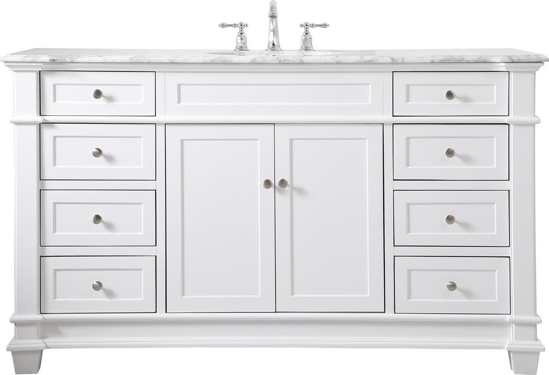 Elegant Lighting 60 Inch White Bathroom Vanity Set Transitional Style: Elegant Lighting 60 Inch White Bathroom Vanity Set Transitional Style This 60-inch Elegant White Bathroom Vanity Set is a perfect blend of style and functionality. Crafted from MDF solid wood, it feat