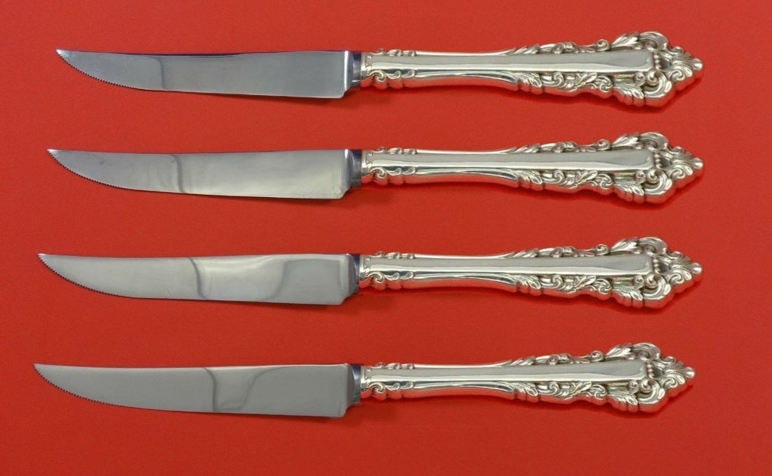 Gorham Medici New Sterling Silver Steak Knife Set 4pc Custom 8.5": Gorham Medici New Sterling Silver Steak Knife Set 4pc Custom 8.5" This exquisite 4-piece steak knife set from the Medici New pattern by Gorham showcases the elegance of sterling silver craftsmanship.
