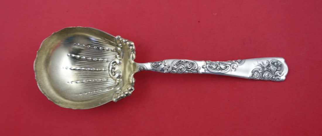 Whiting Rose and Scroll Sterling Silver Berry Spoon 9 Inch Gold Washed: Whiting Rose and Scroll Sterling Silver Berry Spoon 9 Inch Gold Washed This exquisite serving spoon features the elegant Rose and Scroll pattern by Whiting, crafted from high-quality sterling silver.