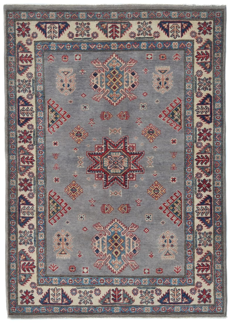 Hand-Knotted Kazak Area Rug Modern Geometric Design Wool 4' x 6': Hand-Knotted Kazak Area Rug Modern Geometric Design Wool 4' x 6' Enhance your space with this exquisite hand-knotted Kazak Oriental rug, featuring a modern geometric design that effortlessly blends wi
