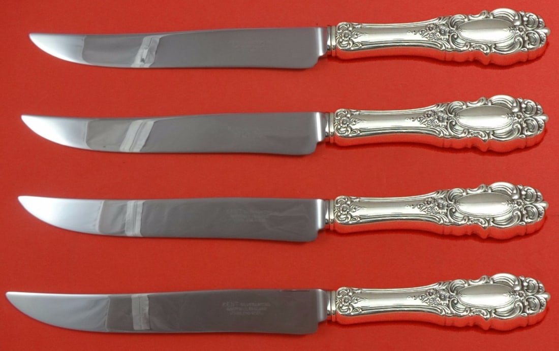 Towle Grand Duchess Sterling Silver 4pc Steak Knife Set Texas Sized: Towle Grand Duchess Sterling Silver 4pc Steak Knife Set Texas Sized Experience the elegance of the Grand Duchess by Towle Sterling Silver Steak Knife Set. This 4-piece custom set features a gently tap