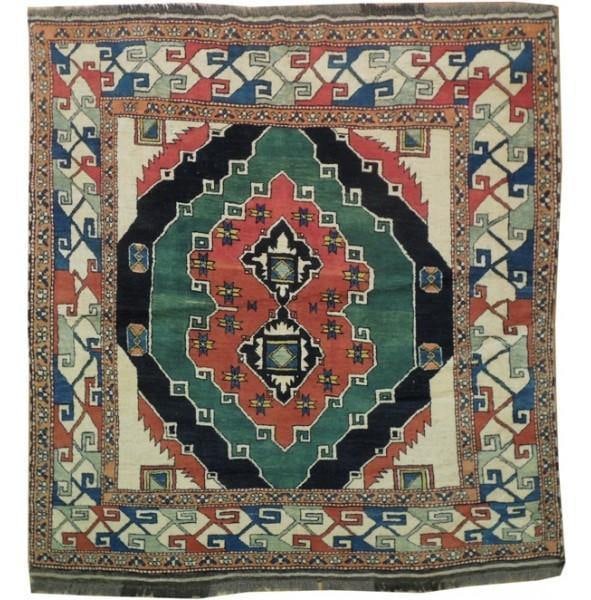 5 x 5 Chechen Kazak Wool Rug Blue Green Handmade: 5 x 5 Chechen Kazak Wool Rug Blue Green Handmade Free continental US Shipping Enhance your space with this exquisite 5 x 5 square Chechen Kazak rug, crafted from high-quality wool on a wool foundation