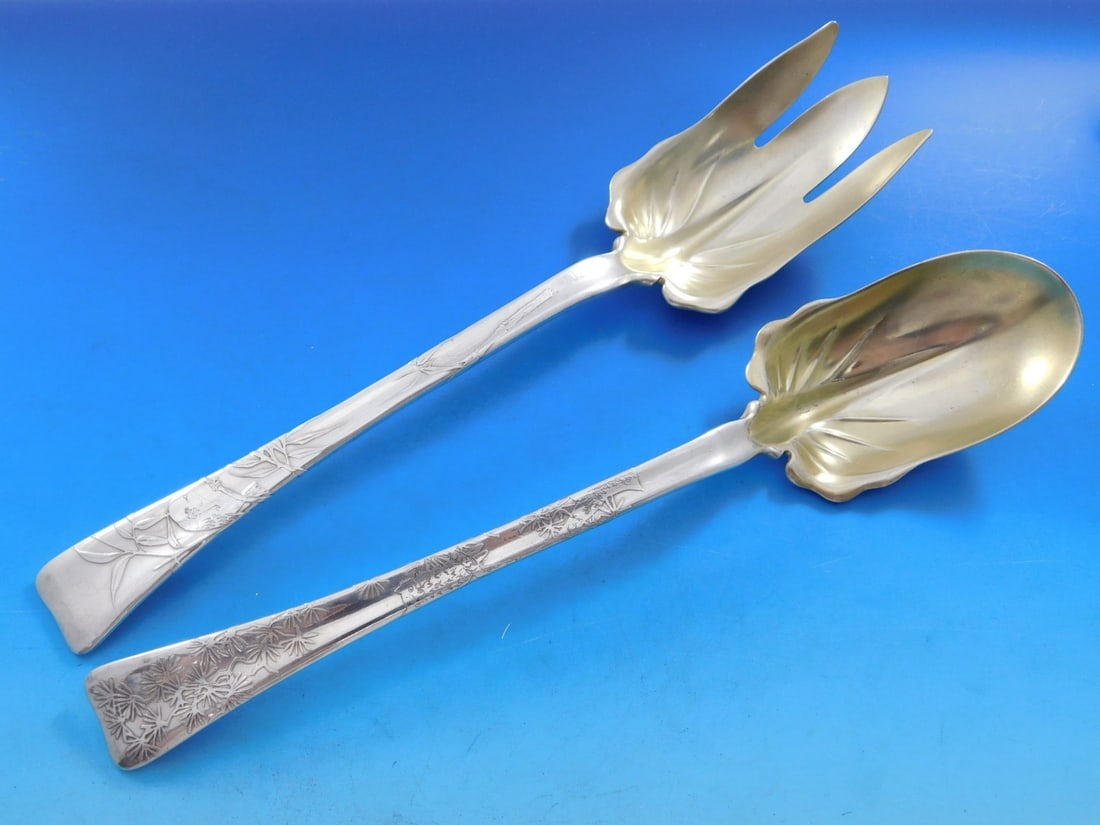 Tiffany Sterling Silver Salad Set Lap Over Edge 10 1/2 Gold-Washed Bird Floral Design: Tiffany Sterling Silver Salad Set Lap Over Edge 10 1/2 Gold-Washed Bird Floral Design This exquisite two-piece salad serving set by Tiffany & Co. features the elegant Lap Over Edge pattern, expertly c